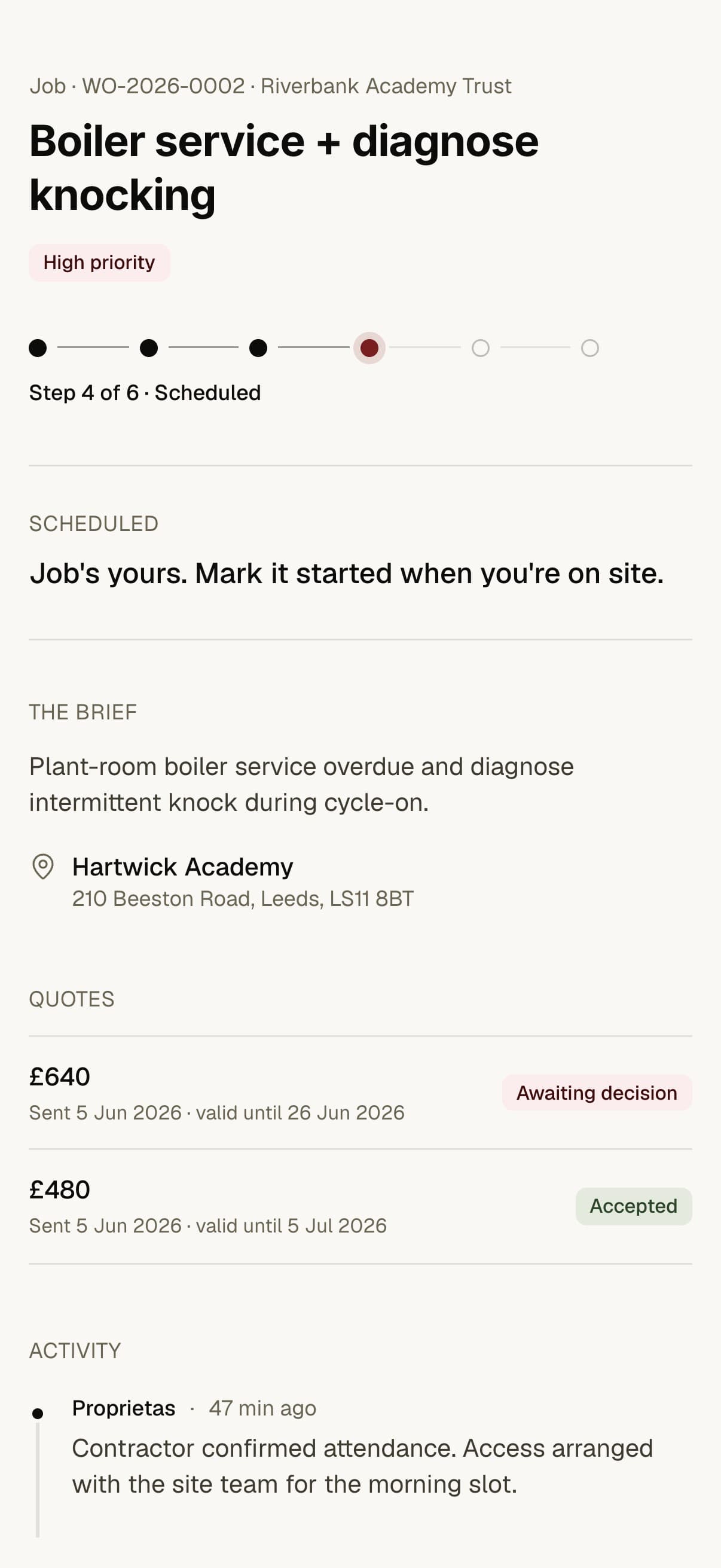 A contractor accepts the job and posts updates from their phone