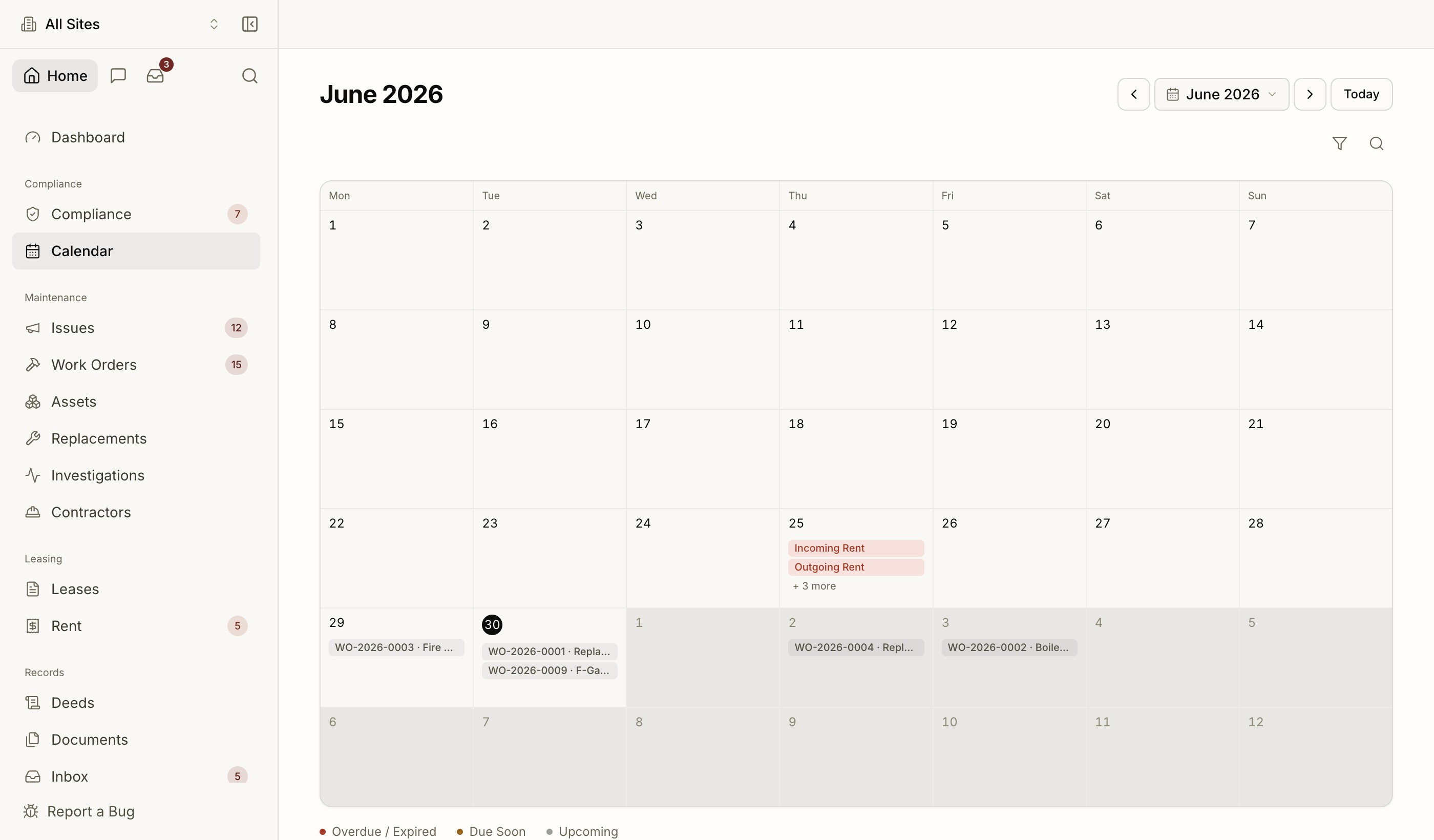 The Proprietas calendar: compliance, leases, rent and scheduled work in one place.