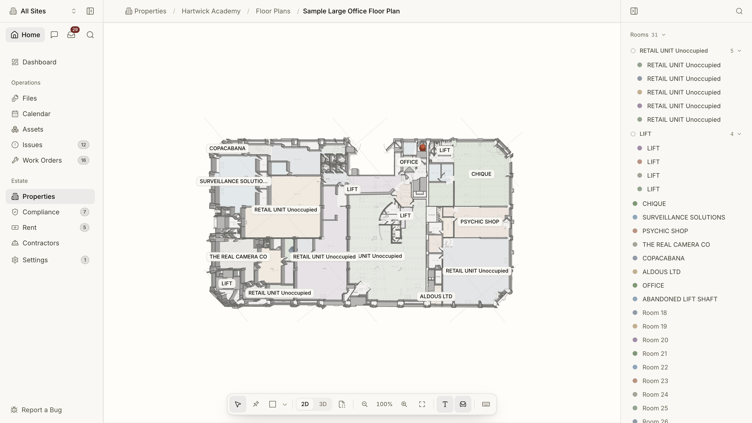 The original 2D architect's drawing of a floor plan in Proprietas, with rooms and occupants labelled.