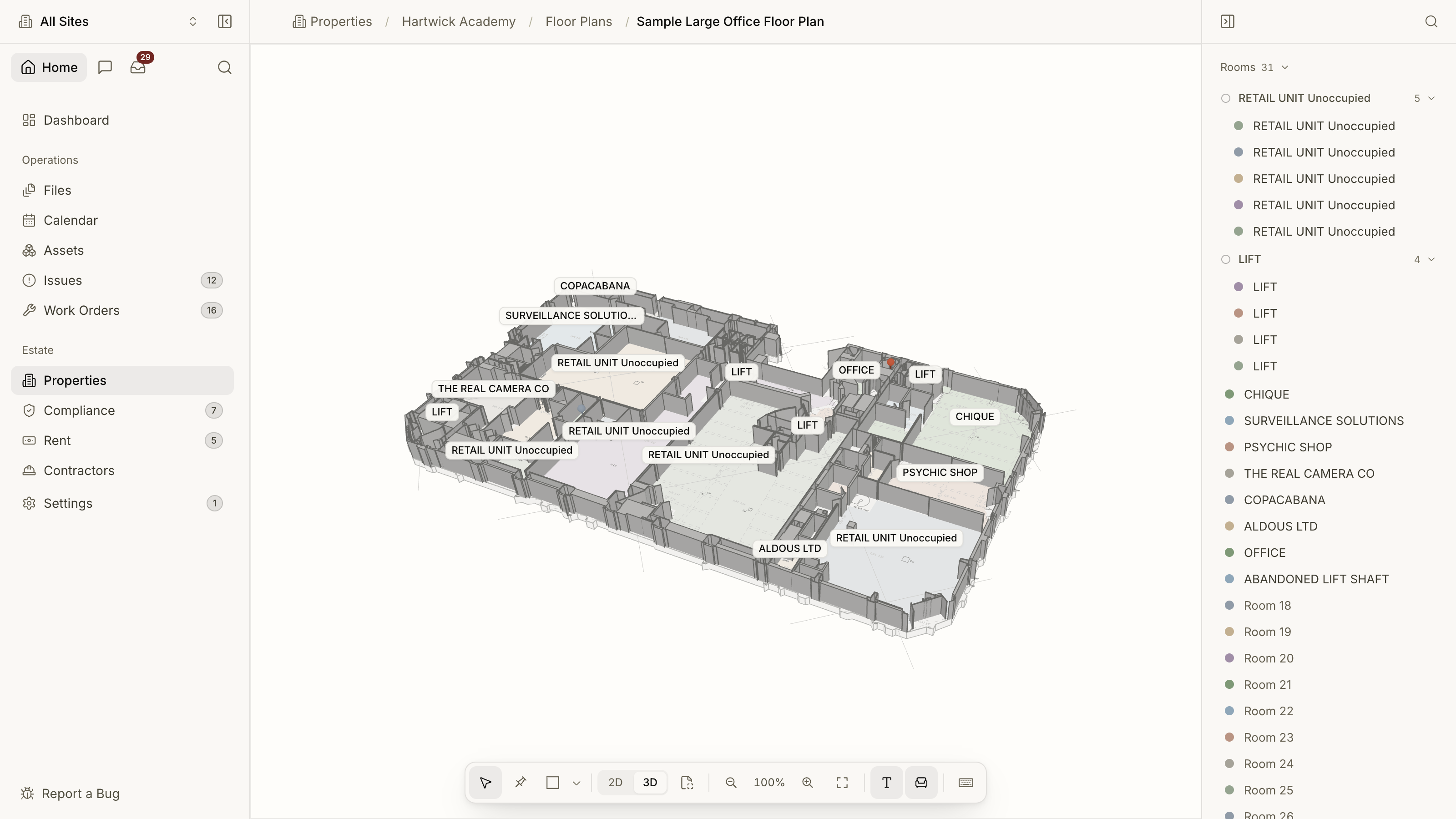 The same floor plan reconstructed as an interactive 3D model in Proprietas, with rooms labelled and assets pinned.