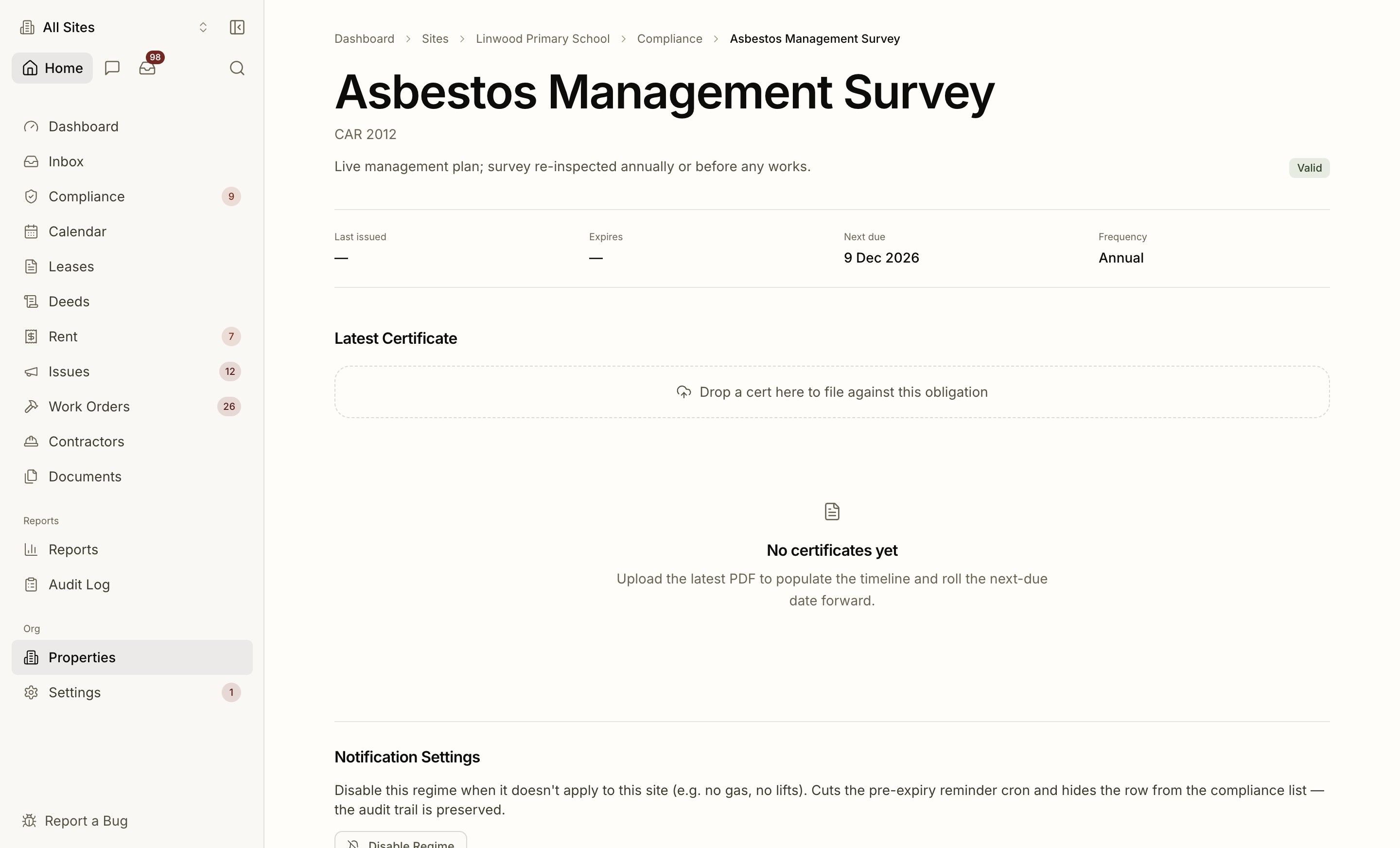Asbestos obligation detail page with Smart Match popover open