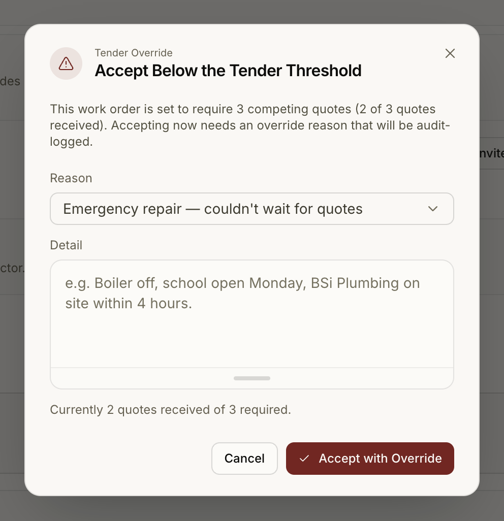Accepting a quote with an override reason that is audit-logged