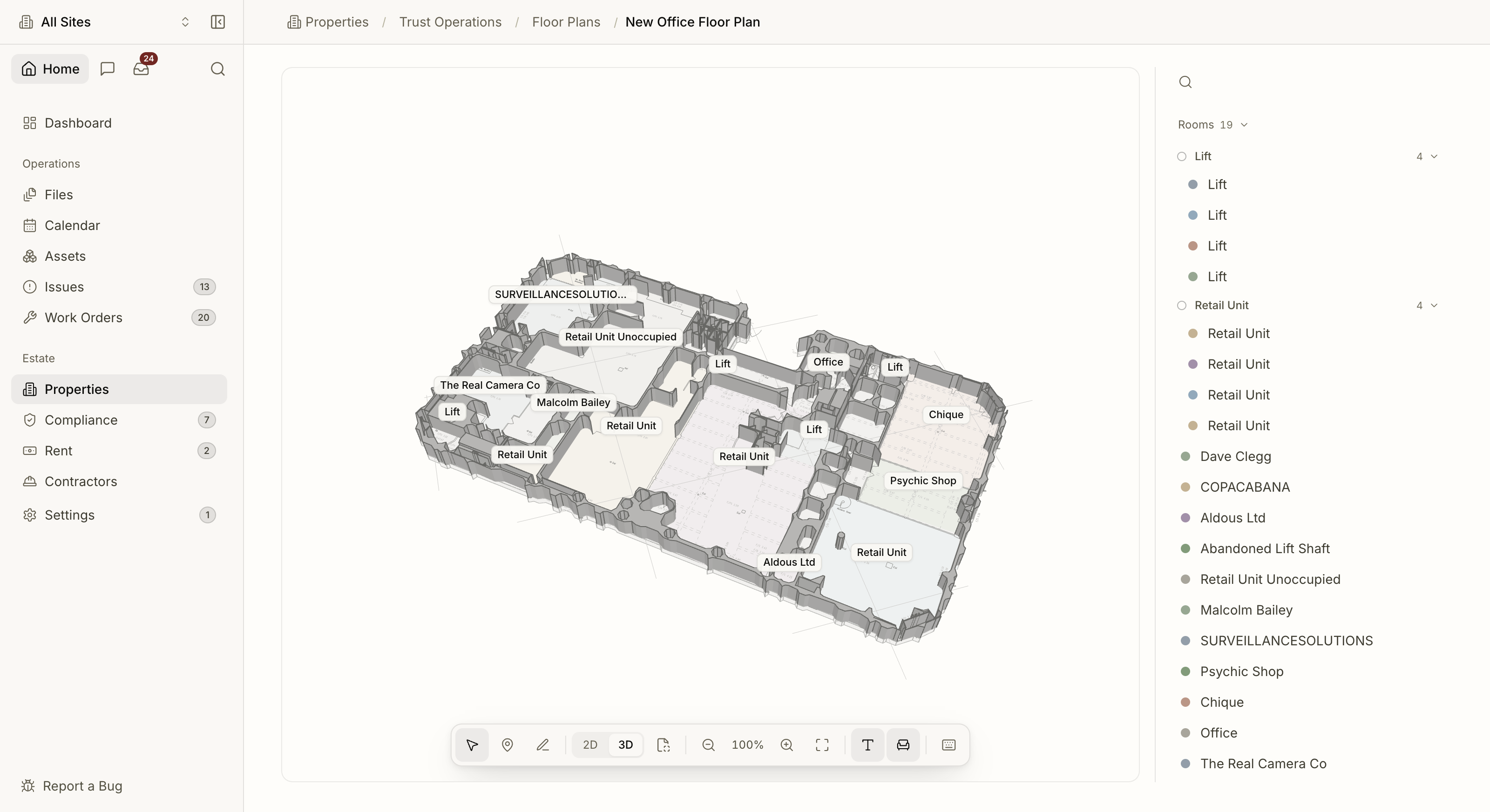 An interactive floor plan with asset pins