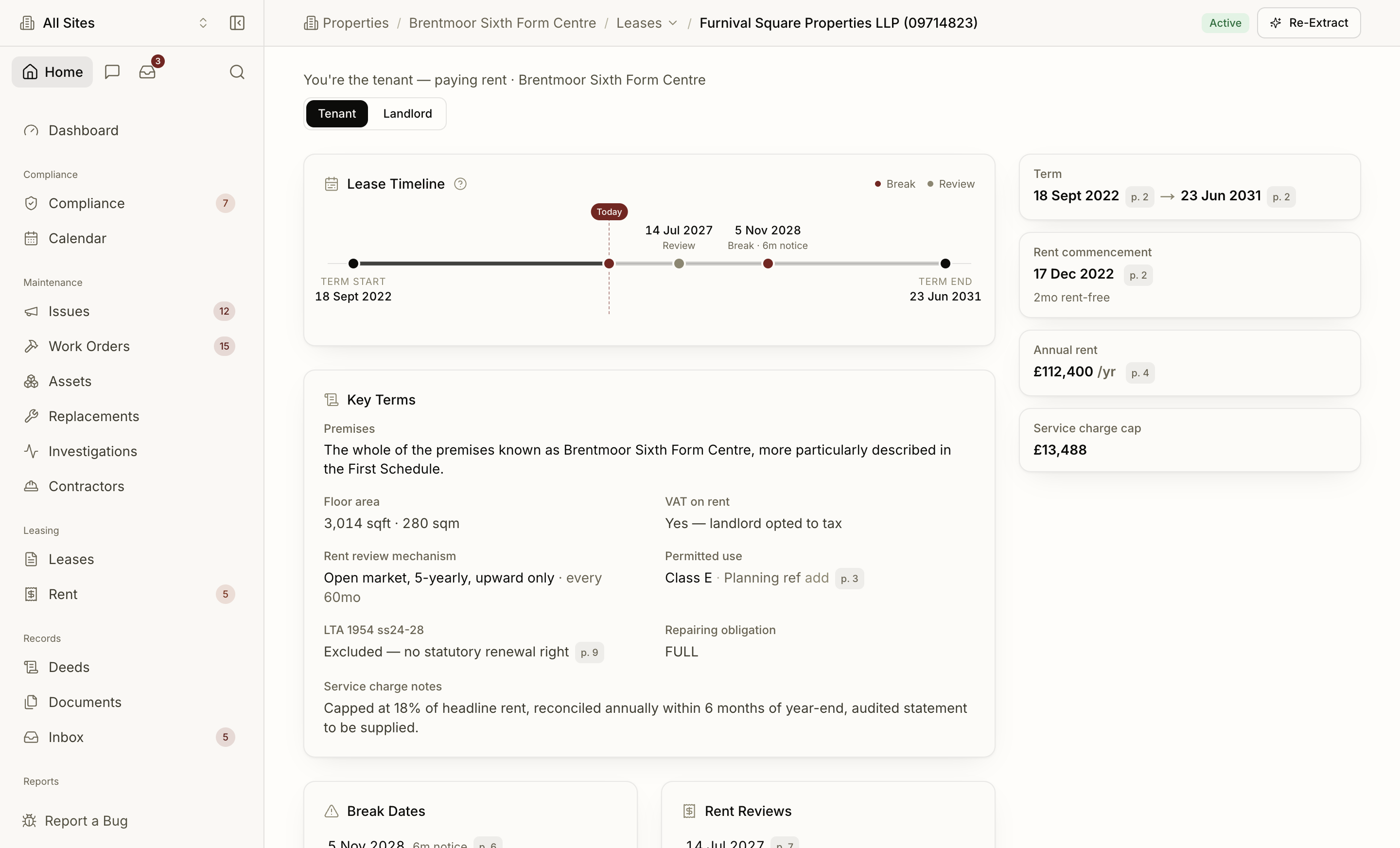 Lease detail page with break clauses block visible