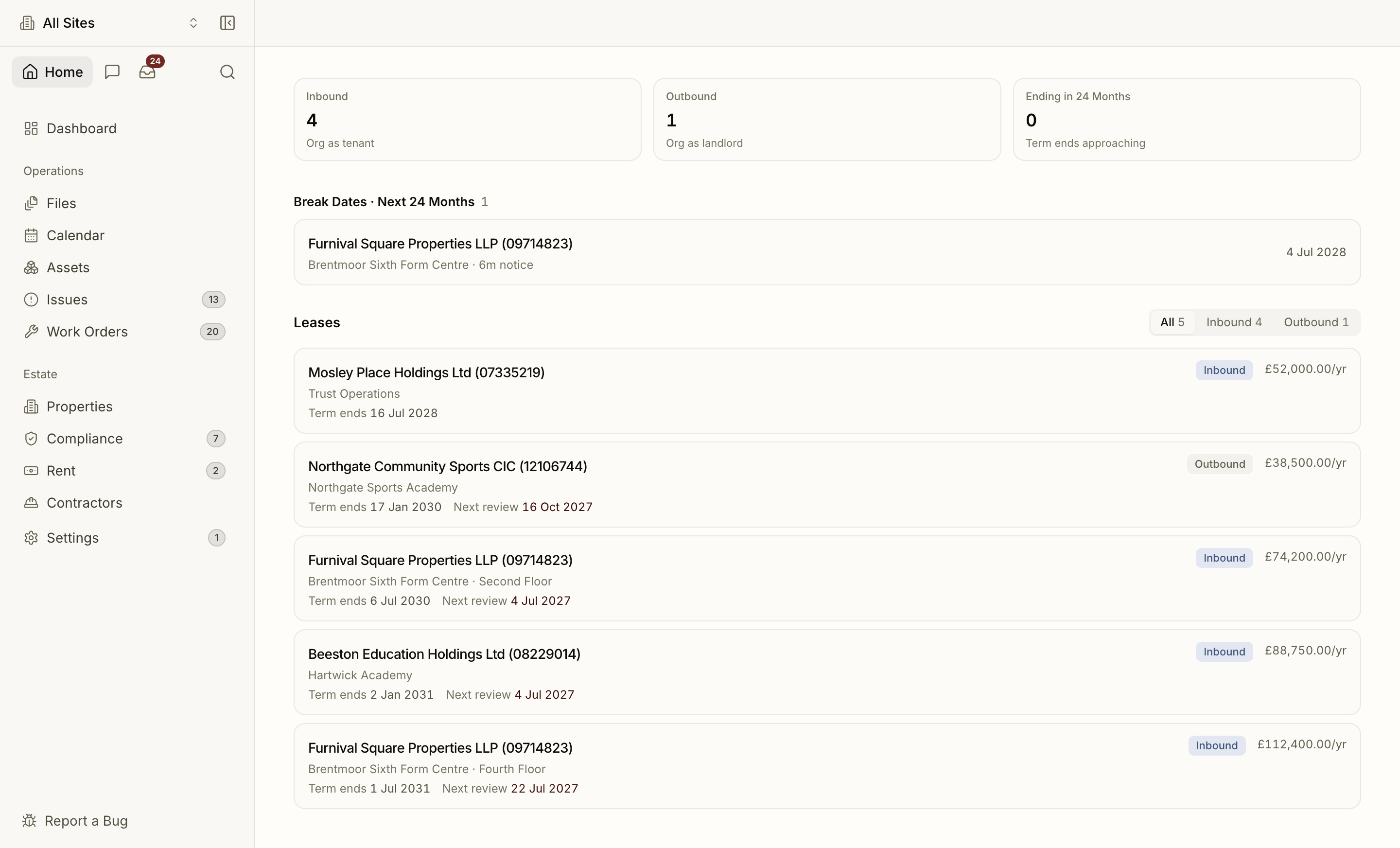 The Proprietas lease register with key dates per lease