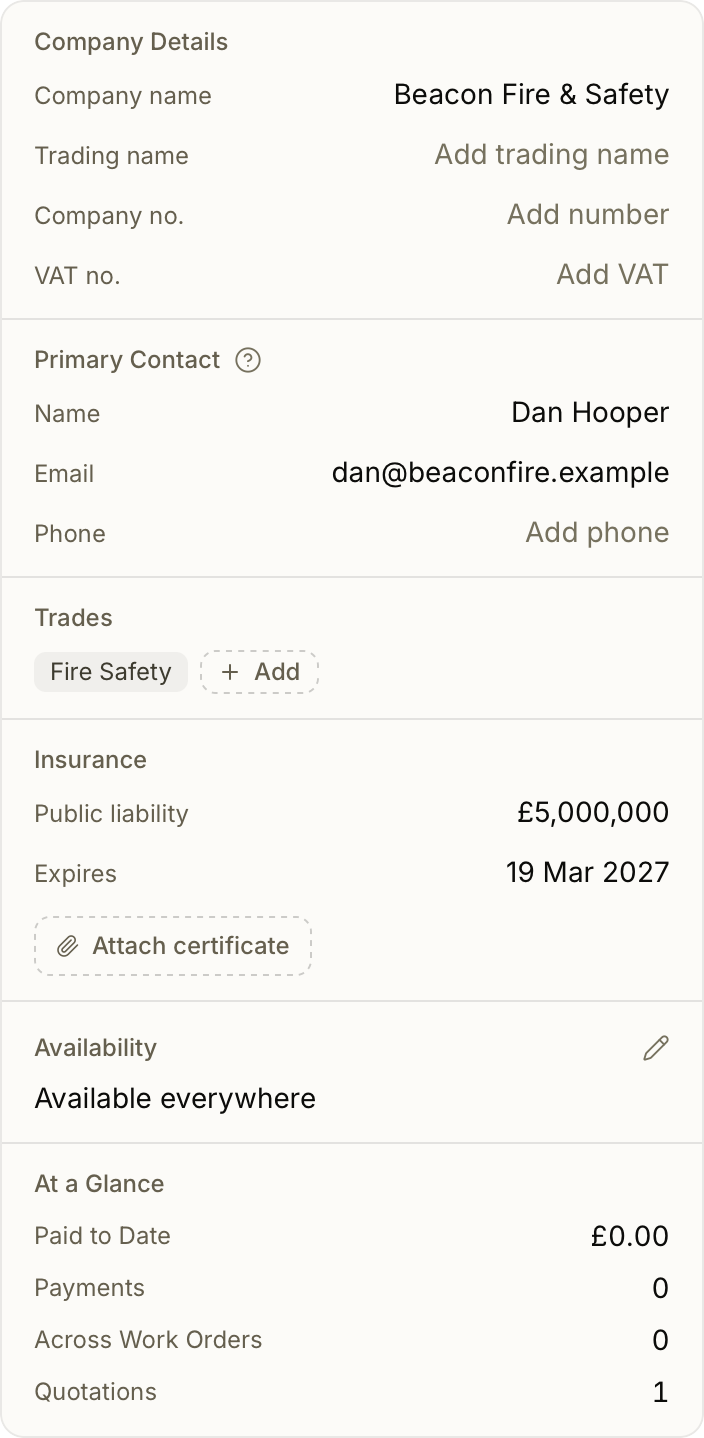 A contractor record with its trades, insurance and certifications