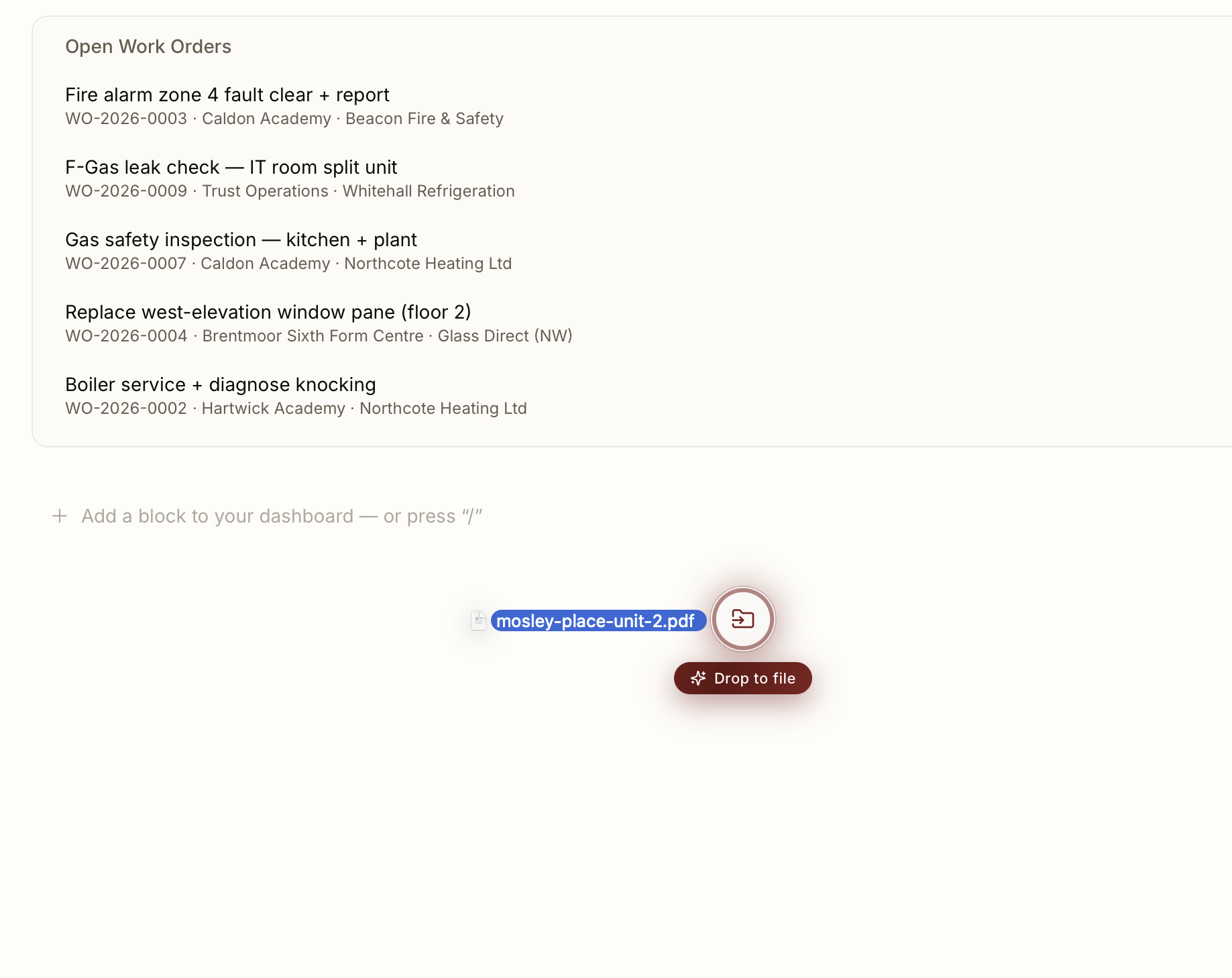 Dragging a document onto the workspace to file it