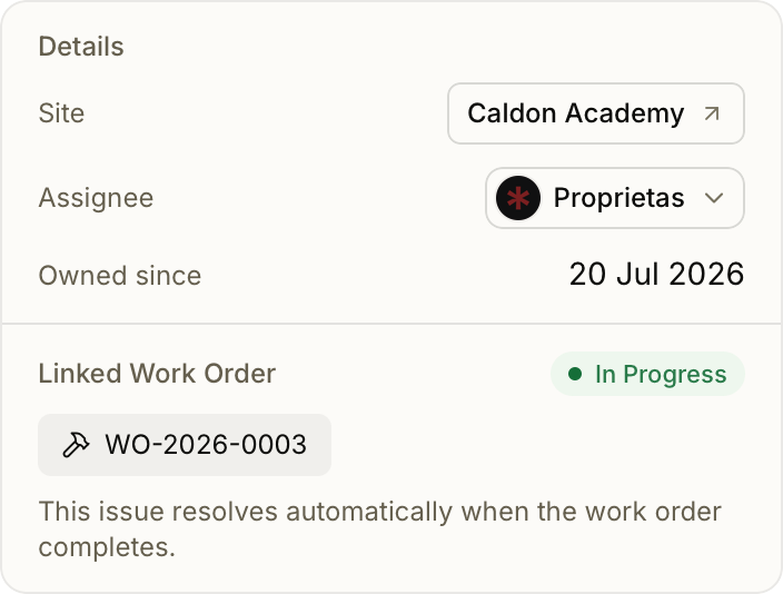 An issue linked to its work order, resolving automatically on completion
