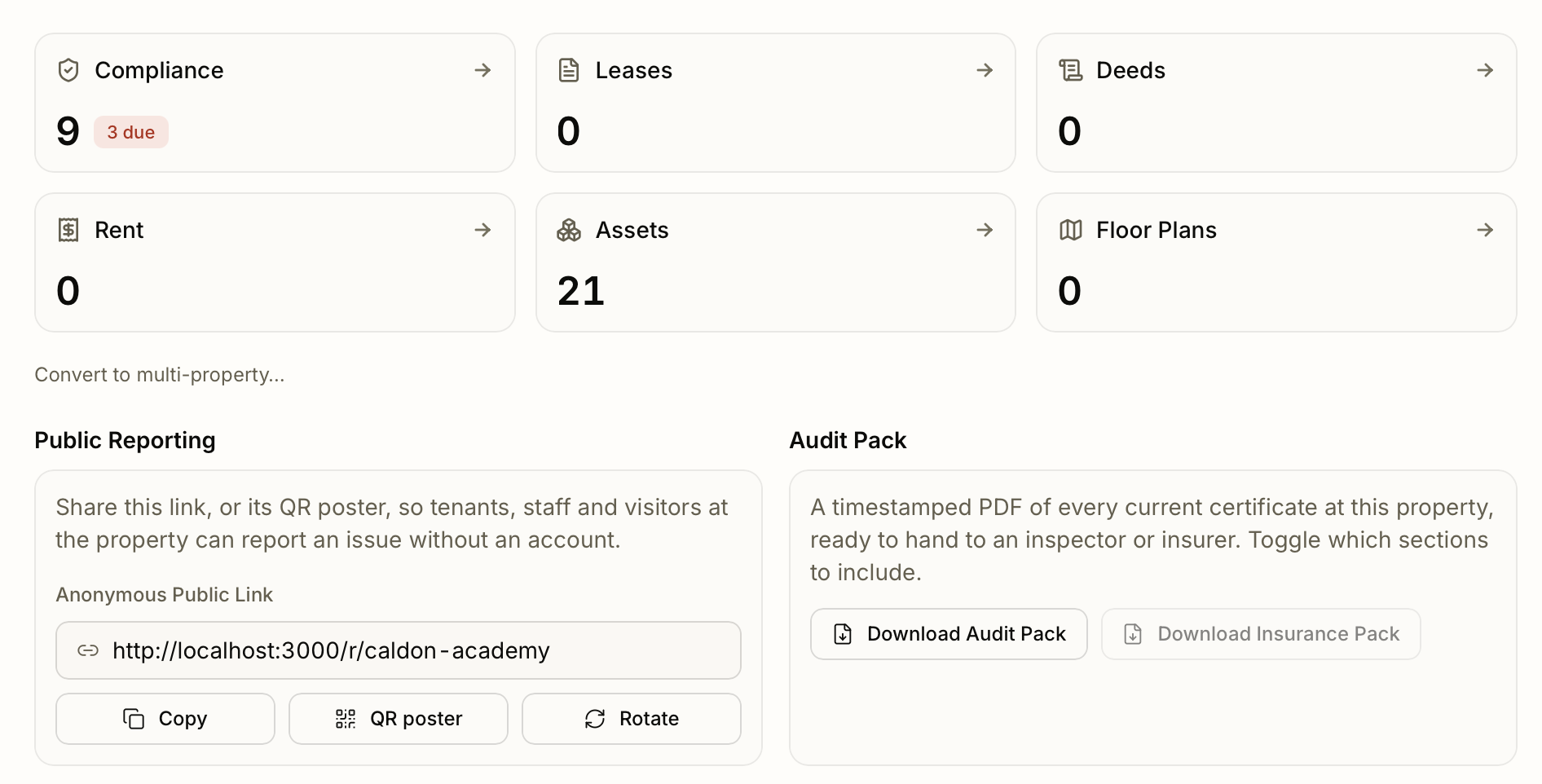 A property's public reporting link and one-click audit-pack export