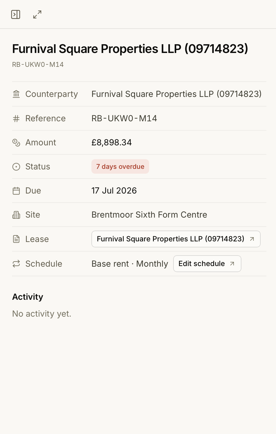 A rent record linked to the lease that governs it