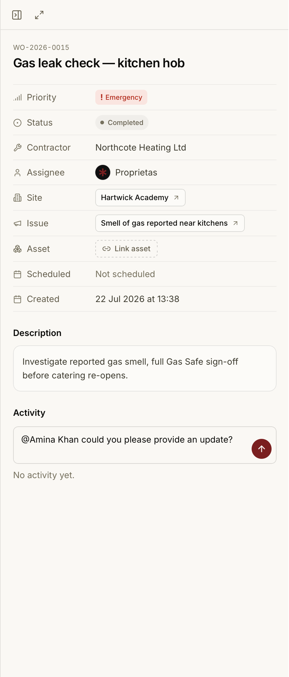A completed work order with its activity trail and evidence