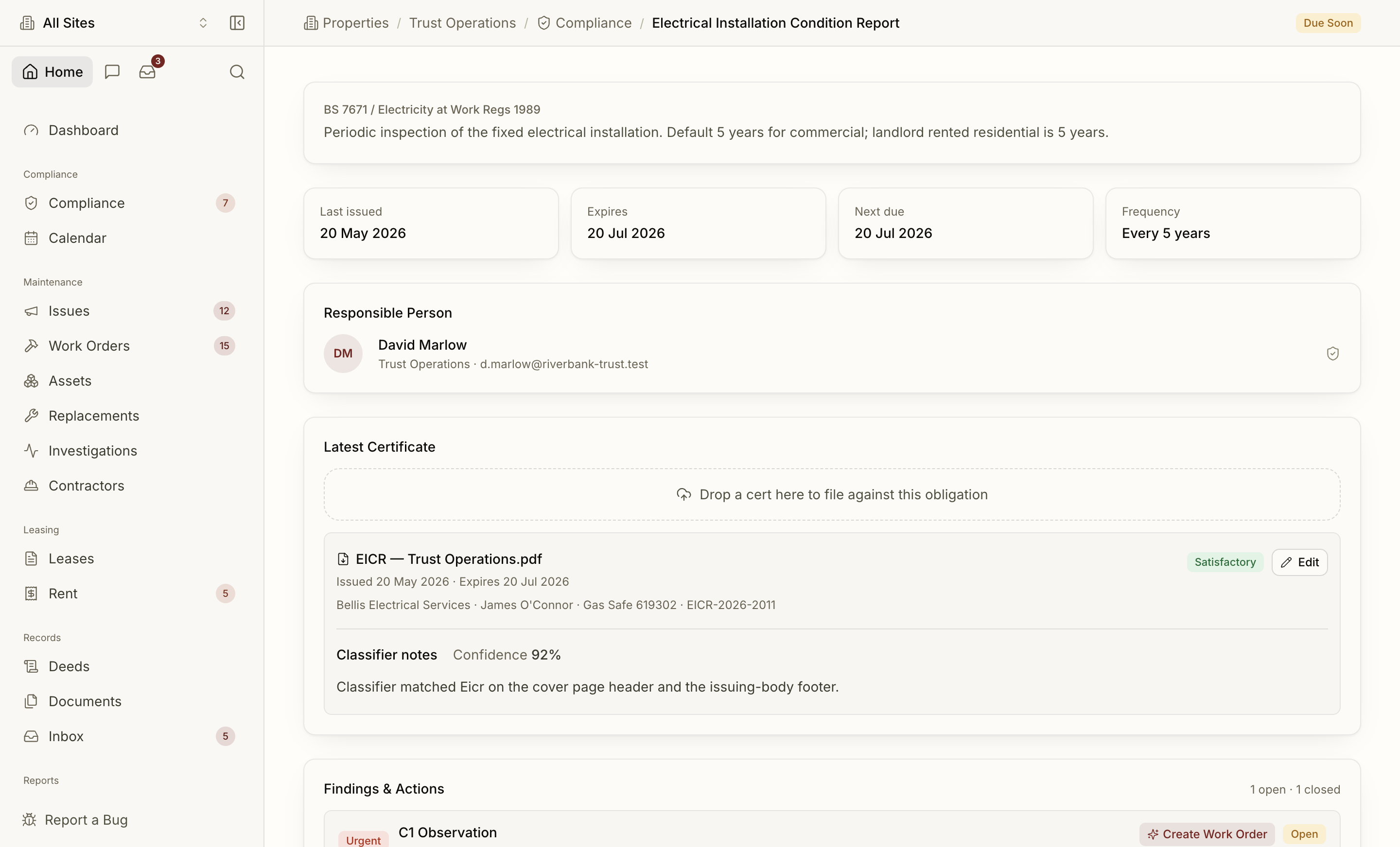 EICR obligation detail page