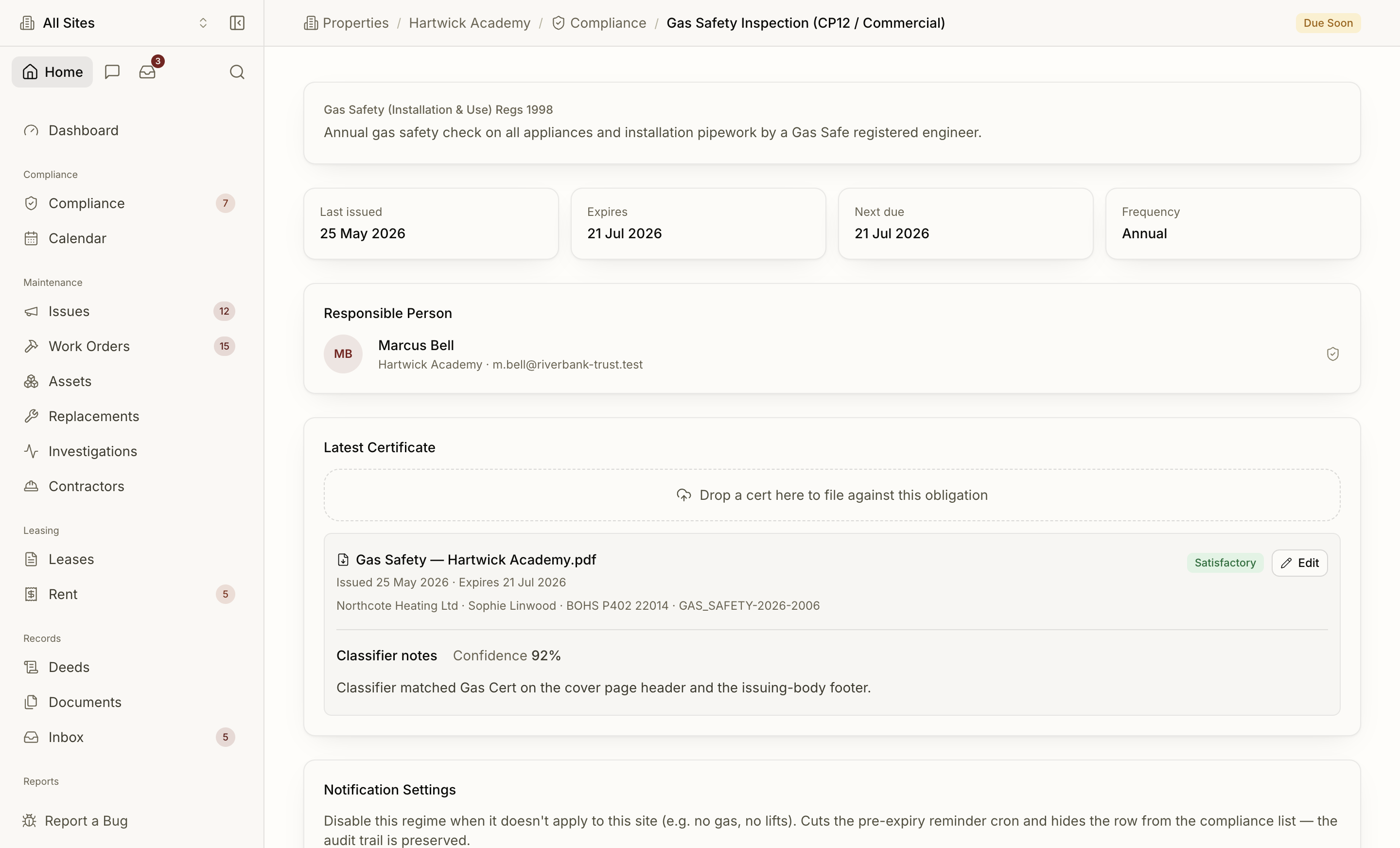 Gas safety obligation detail page