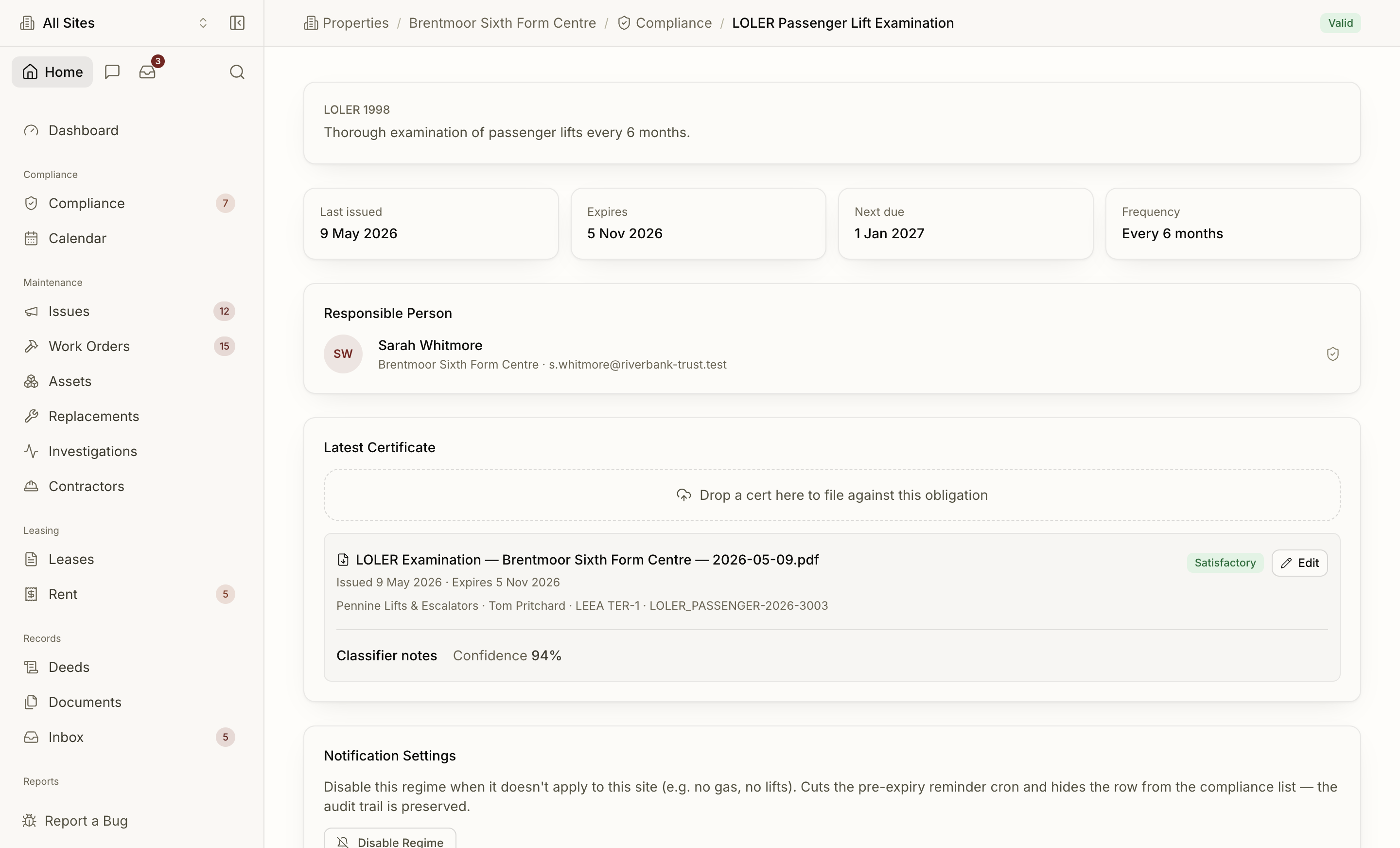 LOLER obligation detail page