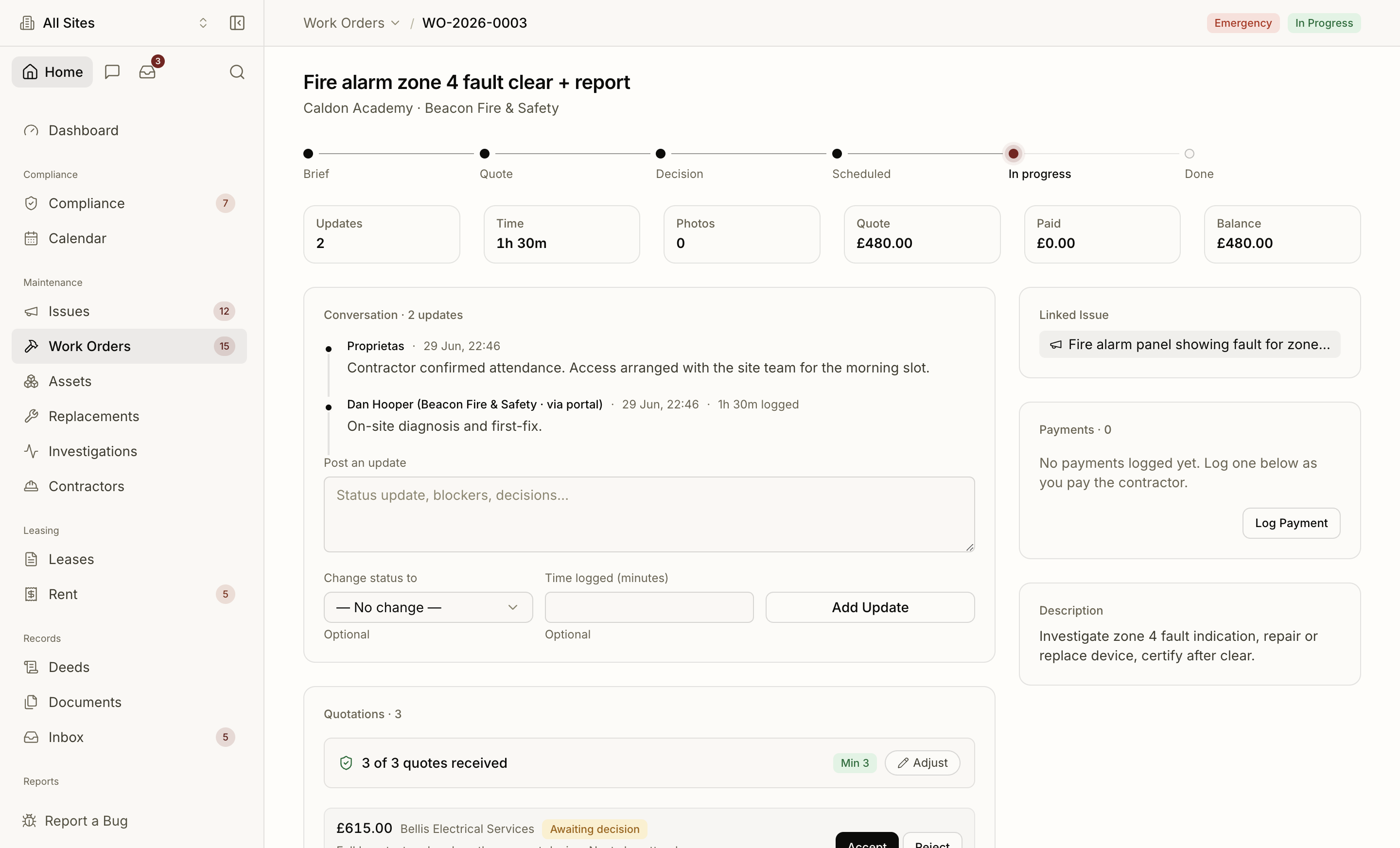 A Proprietas work order — scope, assigned contractor, quotes and sign-off in one view